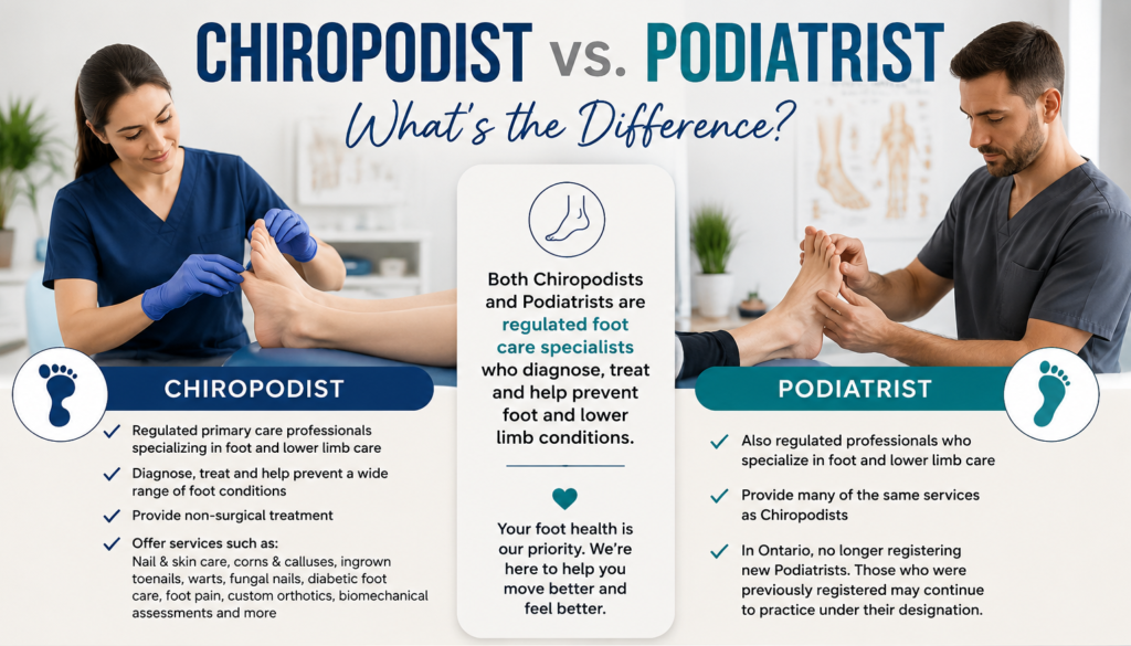 Chiropodist vs. Podiatrist: What's the Difference?
Many patients ask whether they should see a Chiropodist or a Podiatrist. In Ontario, both are regulated foot care professionals who diagnose and treat a wide range of foot and lower limb conditions. Learn how these professions compare and discover how professional foot care can help keep you active, comfortable, and healthy.